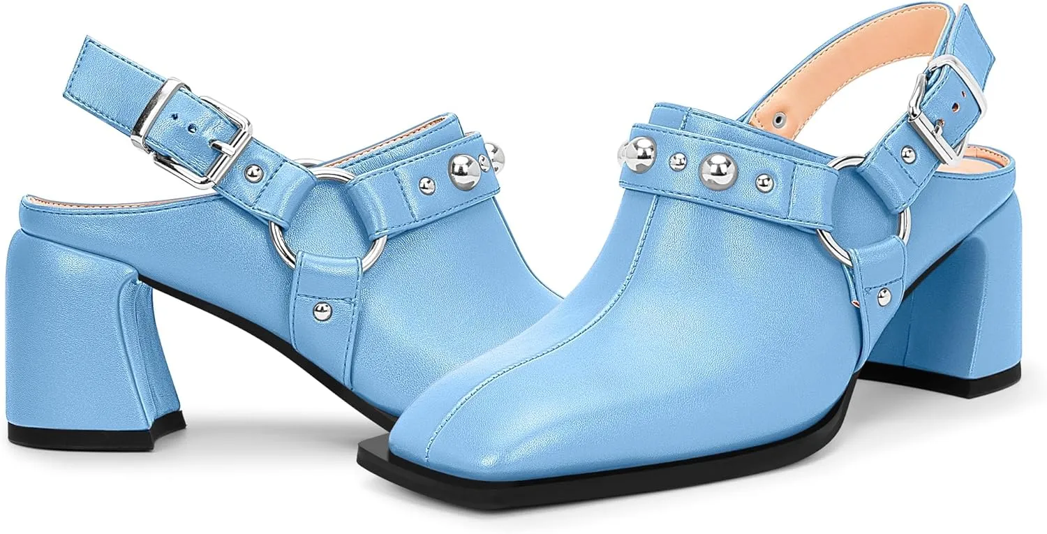 100FIXEO Women's Block Heel Slingback Pumps Studded Strap Buckle Square Toe Comfortable Shoes