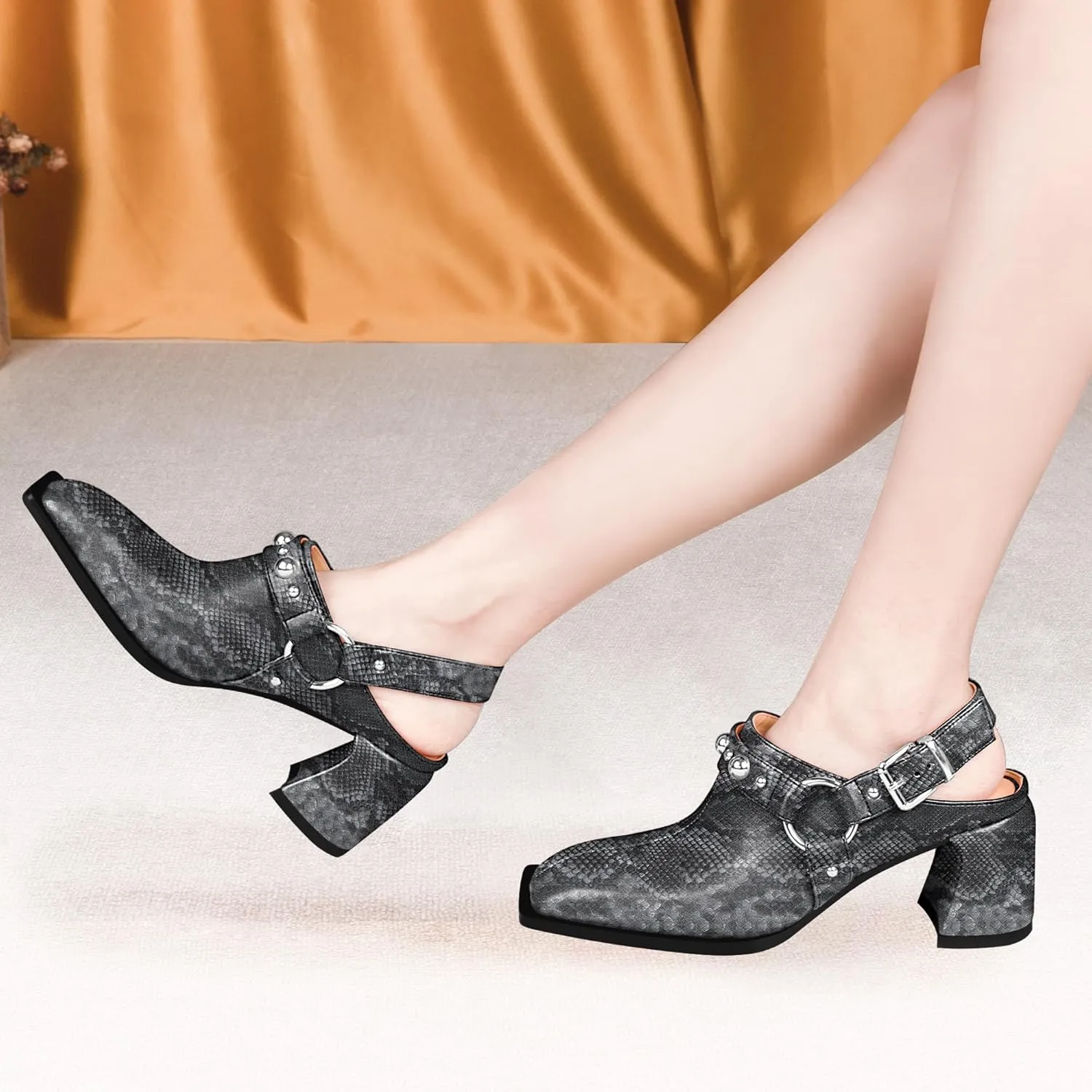 100FIXEO Women's Block Heel Slingback Pumps Studded Strap Buckle Square Toe Comfortable Shoes