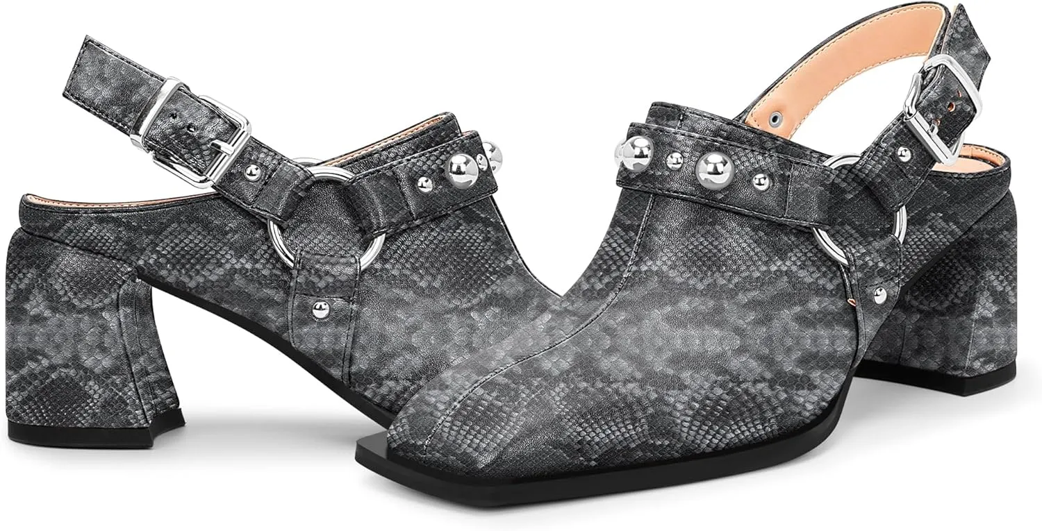 100FIXEO Women's Block Heel Slingback Pumps Studded Strap Buckle Square Toe Comfortable Shoes