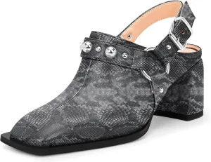 100FIXEO Women's Block Heel Slingback Pumps Studded Strap Buckle Square Toe Comfortable Shoes
