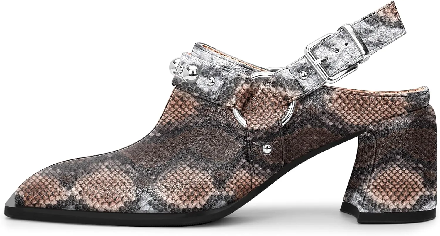 100FIXEO Women's Block Heel Slingback Pumps Studded Strap Buckle Square Toe Comfortable Shoes