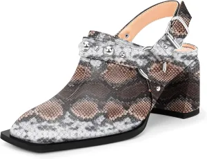 100FIXEO Women's Block Heel Slingback Pumps Studded Strap Buckle Square Toe Comfortable Shoes