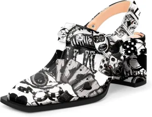 100FIXEO Women's Block Heel Slingback Pumps Studded Strap Buckle Square Toe Comfortable Shoes