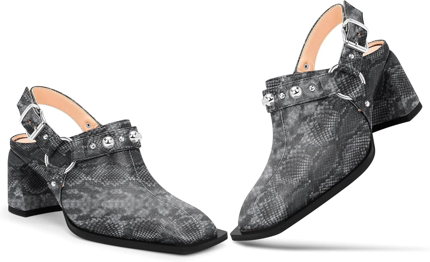 100FIXEO Women's Block Heel Slingback Pumps Studded Strap Buckle Square Toe Comfortable Shoes