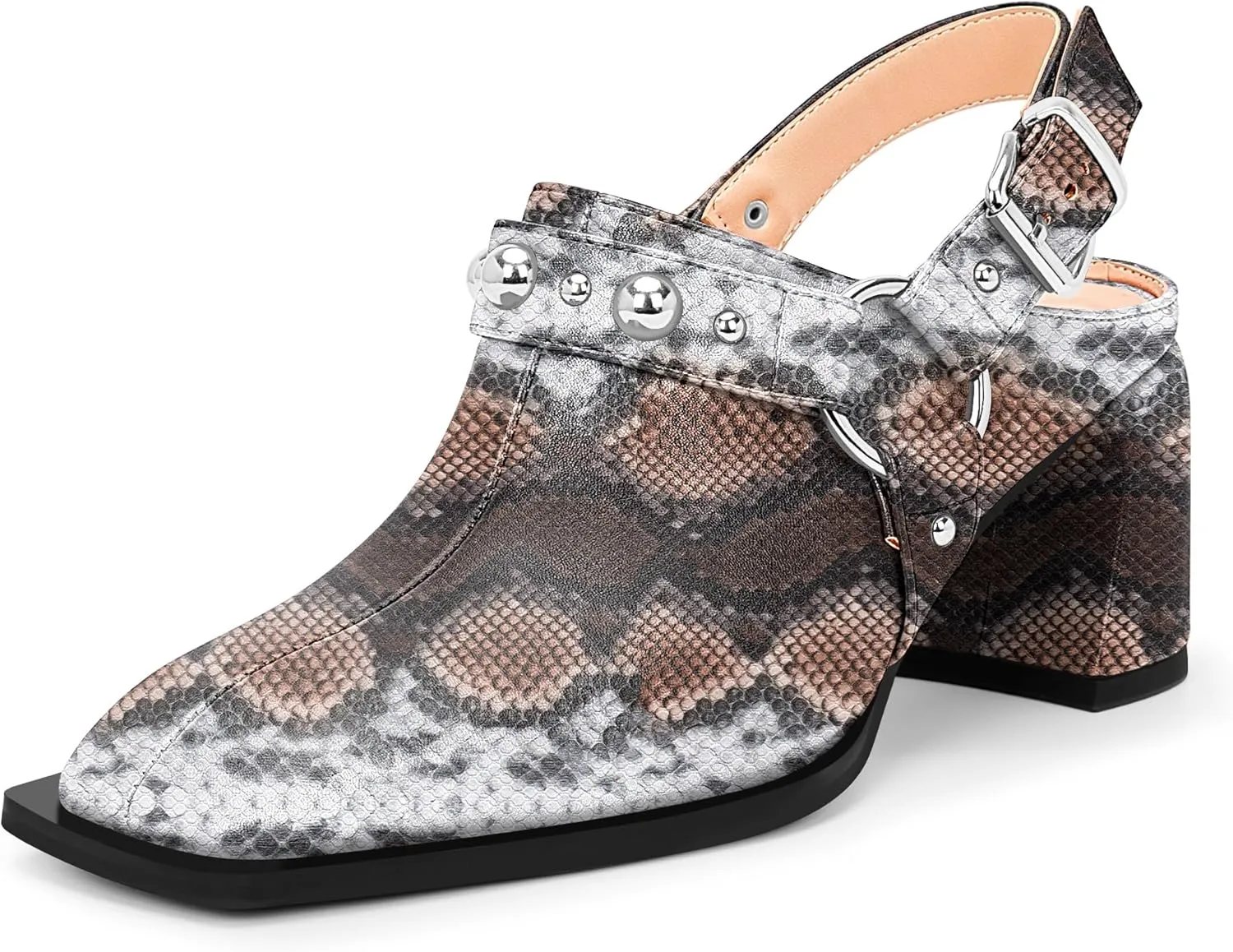 100FIXEO Women's Block Heel Slingback Pumps Studded Strap Buckle Square Toe Comfortable Shoes