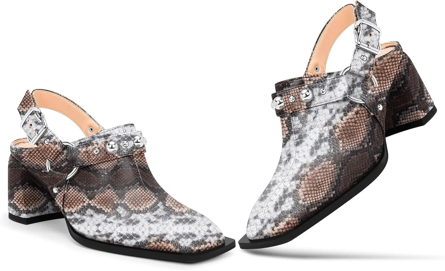 100FIXEO Women's Block Heel Slingback Pumps Studded Strap Buckle Square Toe Comfortable Shoes