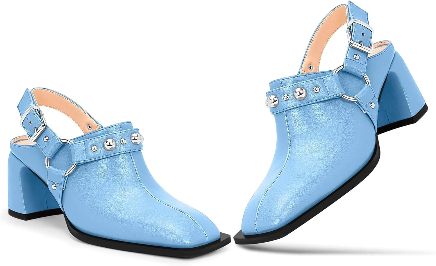 100FIXEO Women's Block Heel Slingback Pumps Studded Strap Buckle Square Toe Comfortable Shoes