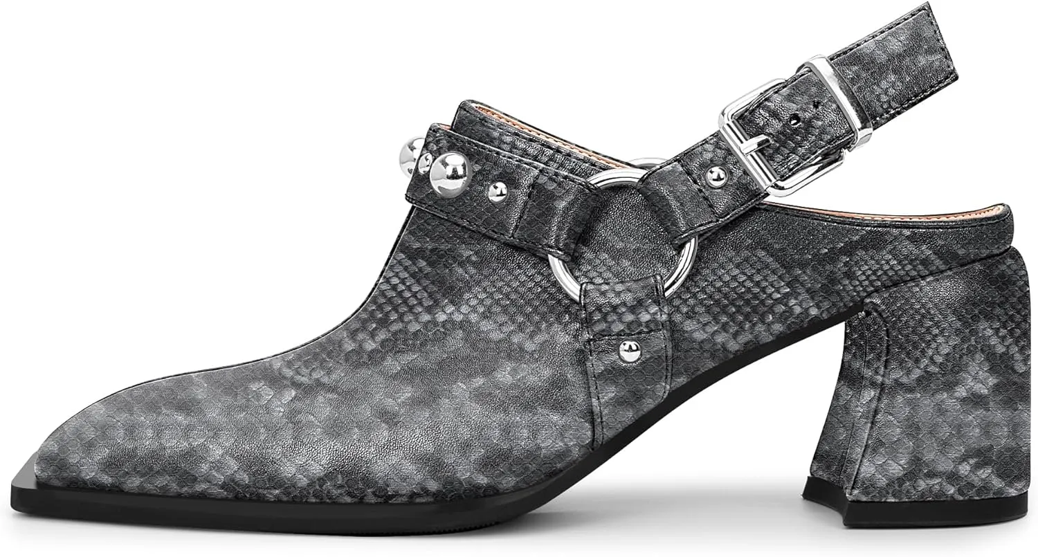 100FIXEO Women's Block Heel Slingback Pumps Studded Strap Buckle Square Toe Comfortable Shoes