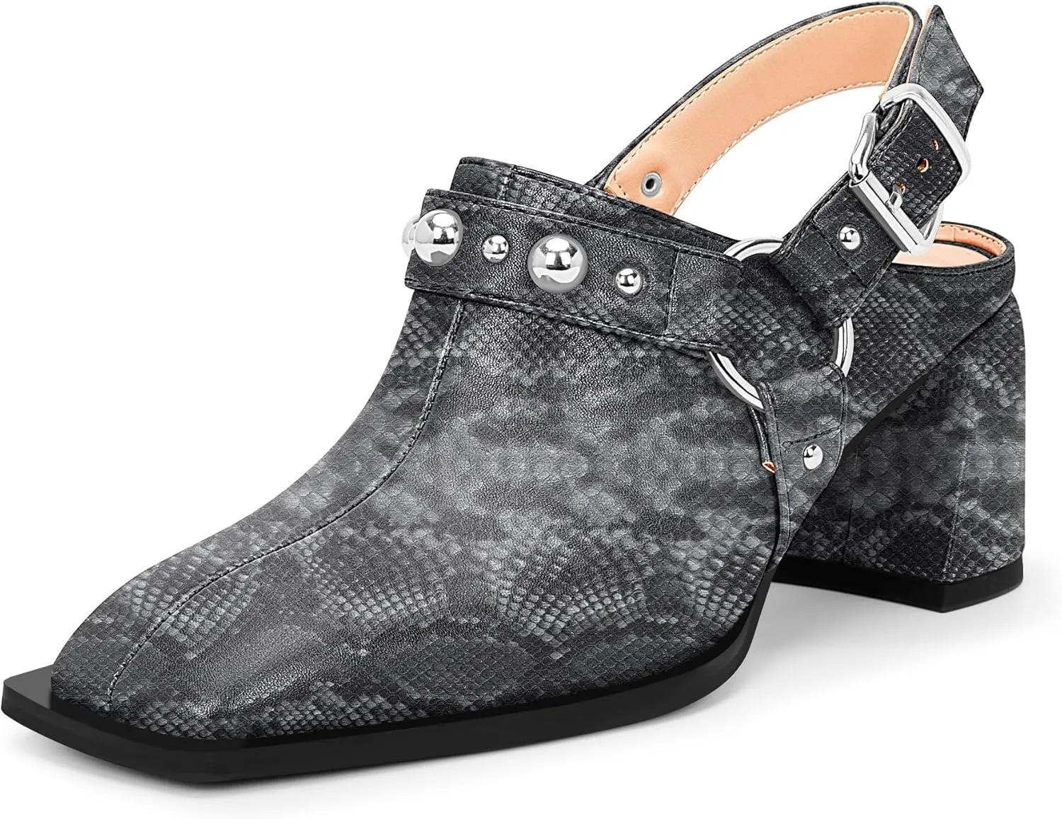 100FIXEO Women's Block Heel Slingback Pumps Studded Strap Buckle Square Toe Comfortable Shoes