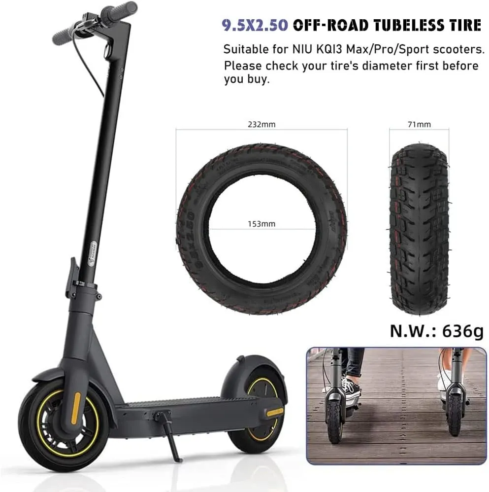 9.5 x 2.50 Off-Road Tire 9.5 Inch Tubeless Tire for Niu KQI3 Electric Scooter Accessories Rear Front Wheel Replacement Tire Anti-skid Shockproof (1 Pce)