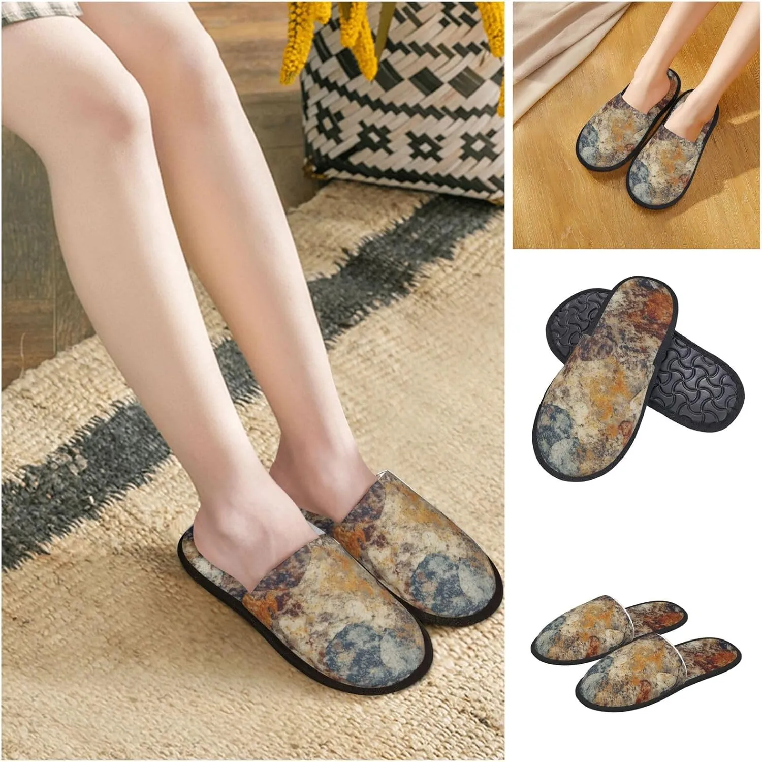 Abstract Granite Women's Slippers Fuzzy Slip-on Slippers Non-slip House Slippers Warm Cozy Bedroom Shoes