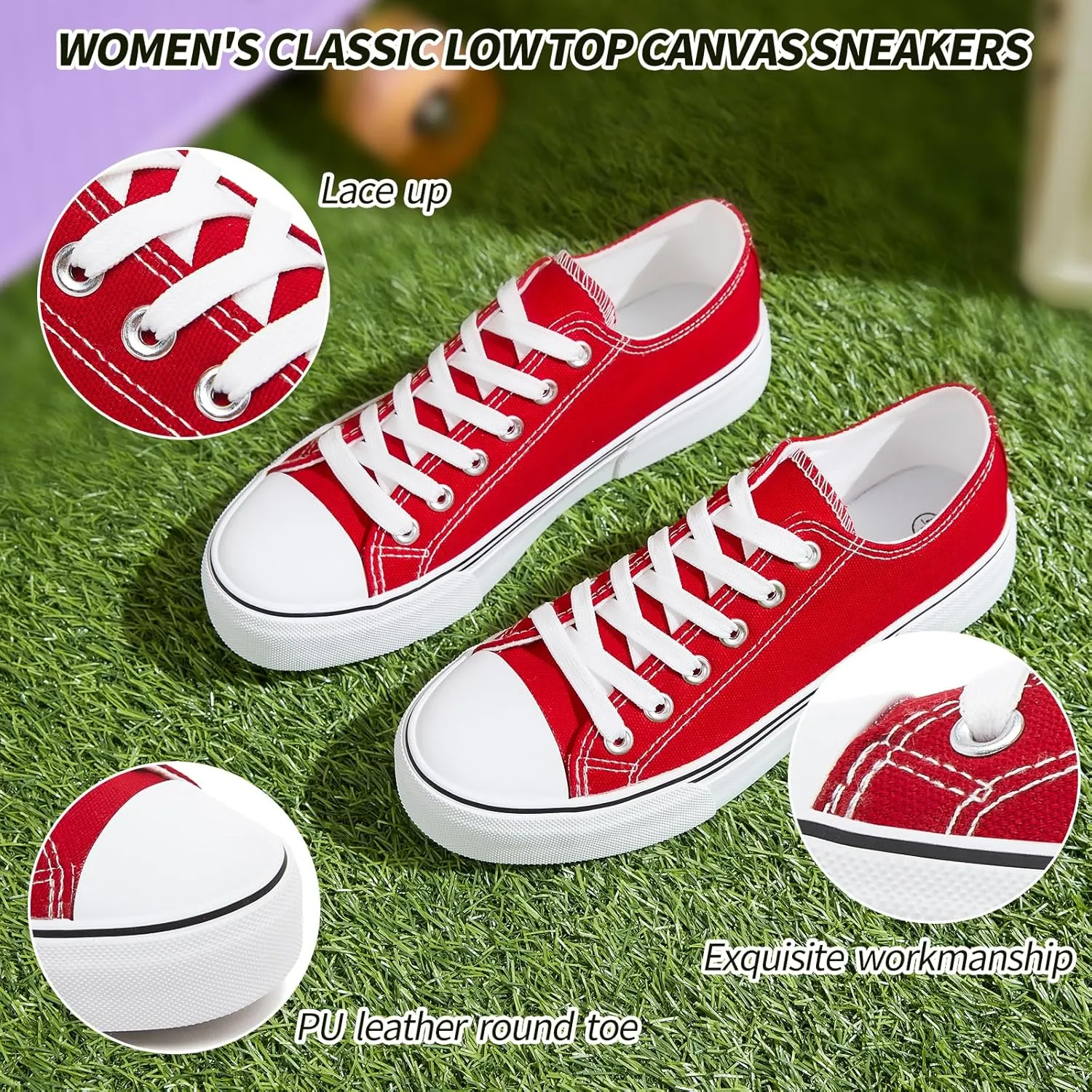 Adokoo Canvas Tennis Shoes for Women Low Top Casual White Black Sneakers for Women Lace Up Fashion Comfortable Walking Shoes