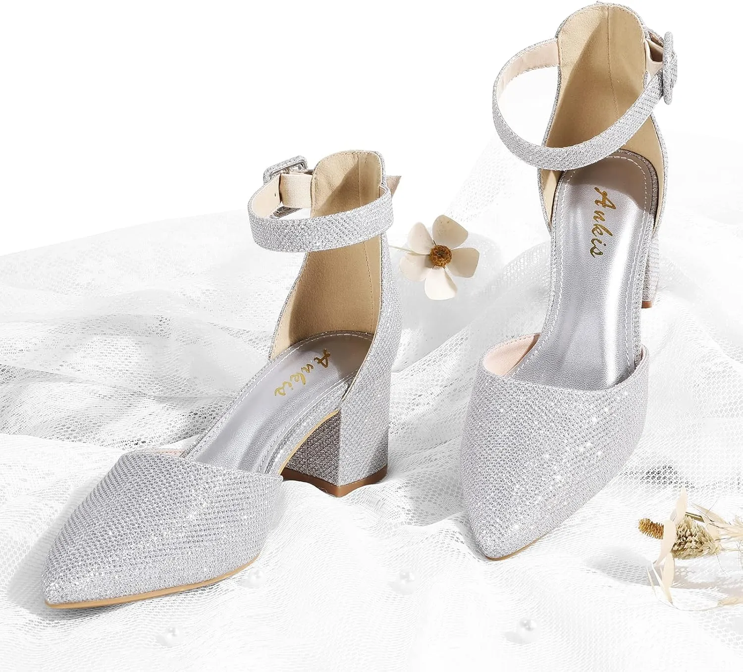 Ankis Closed Toe Heels for Women -Black Nude Gold Silver Pointed Toe Heels Low Block Chunky Women Pumps with Ankle Strap -2.25 Inch