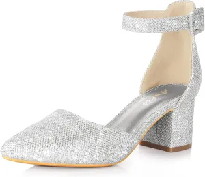 Ankis Closed Toe Heels for Women -Black Nude Gold Silver Pointed Toe Heels Low Block Chunky Women Pumps with Ankle Strap -2.25 Inch