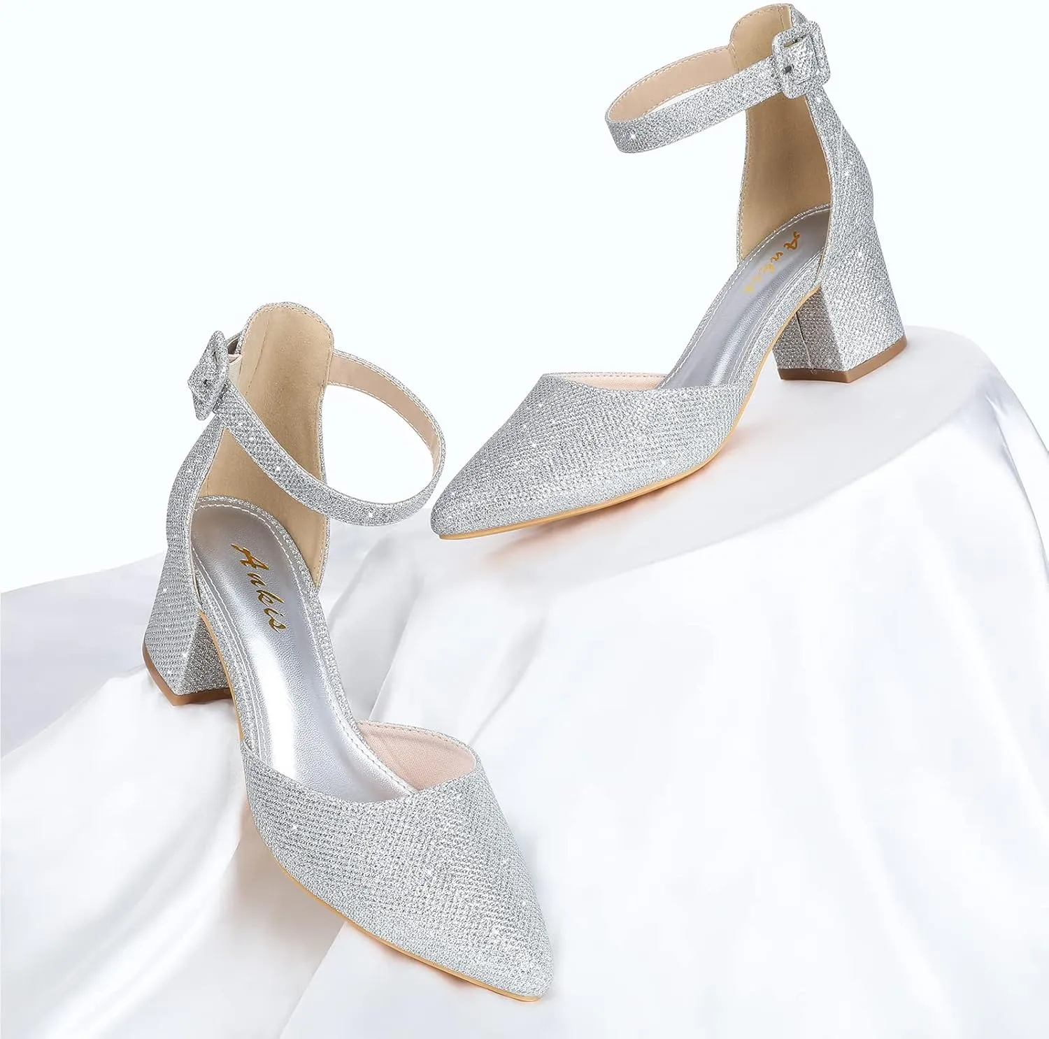 Ankis Closed Toe Heels for Women -Black Nude Gold Silver Pointed Toe Heels Low Block Chunky Women Pumps with Ankle Strap -2.25 Inch