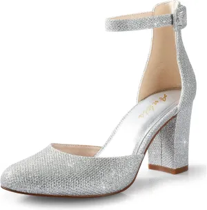 Ankis Closed Toe Heels for Women -Black Nude White Silver Gold Womens Heels Closed Round Toe Chunky Block Pumps Shoes, 3 Inch