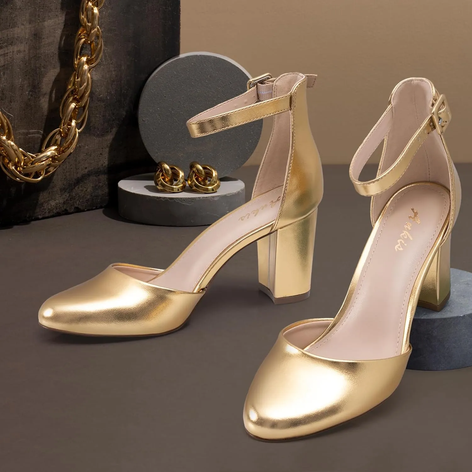 Ankis Closed Toe Heels for Women -Black Nude White Silver Gold Womens Heels Closed Round Toe Chunky Block Pumps Shoes, 3 Inch