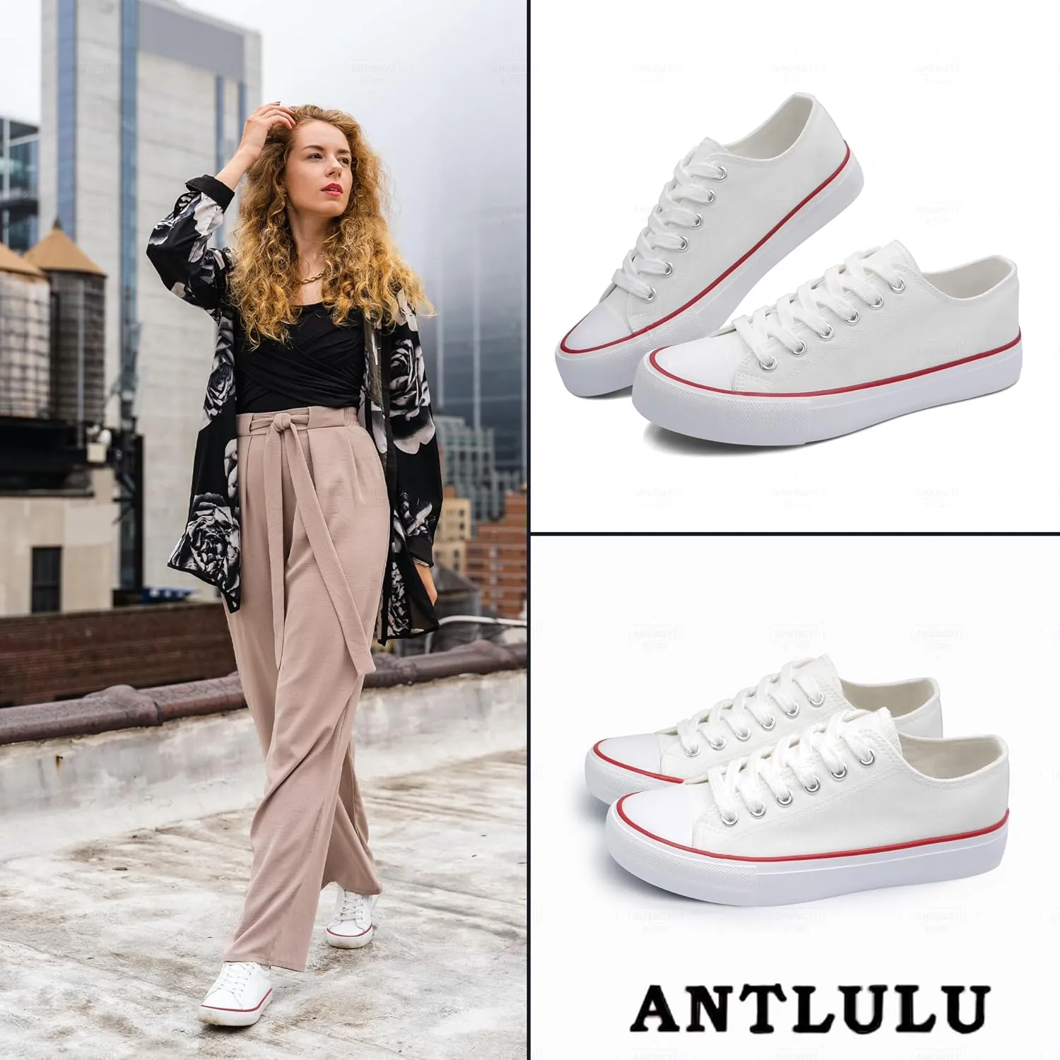 ANTLULU Womens Canvas Shoes Low Top and Lace up Fashion Casual Sneakers Black and White Classic