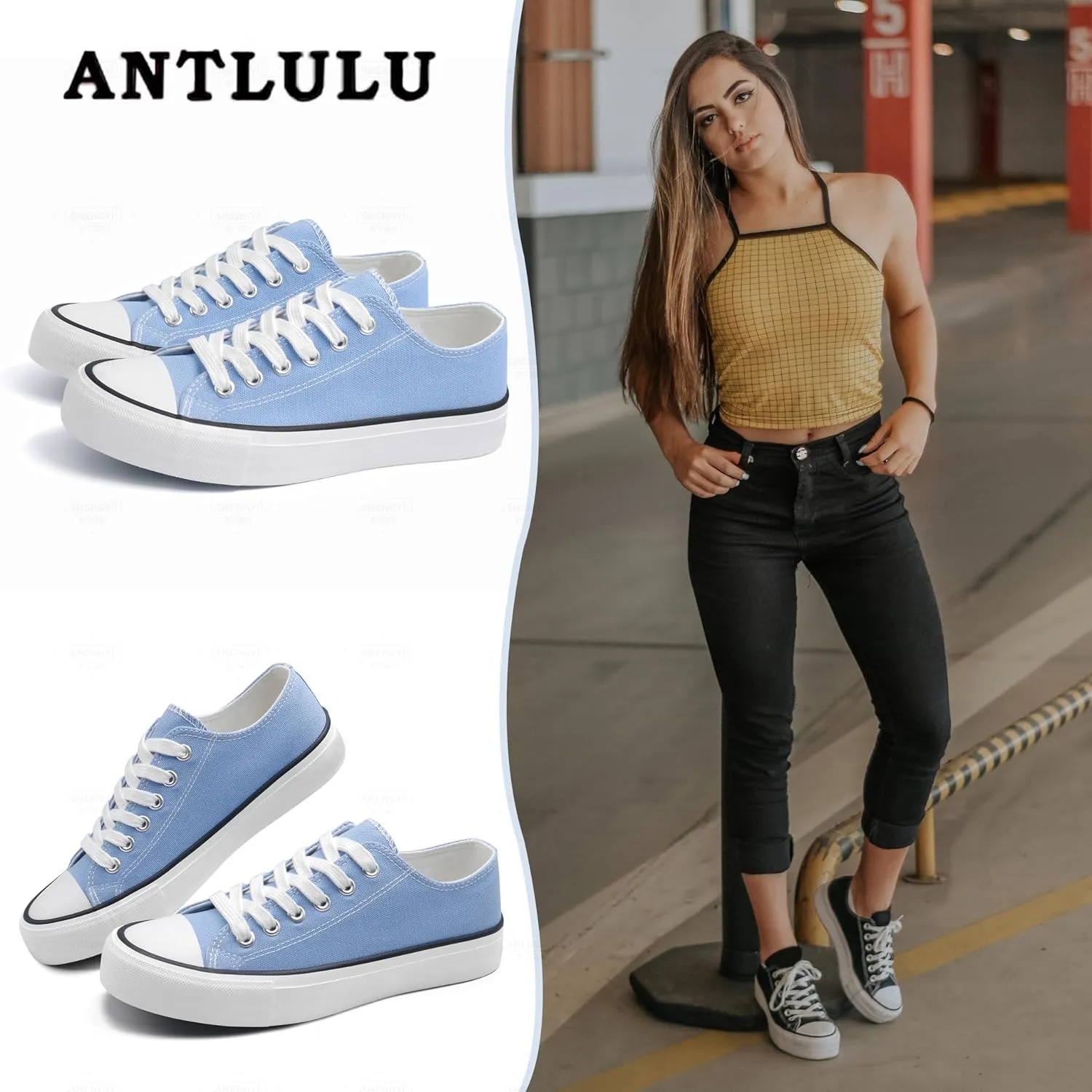 ANTLULU Womens Canvas Shoes Low Top and Lace up Fashion Casual Sneakers Black and White Classic