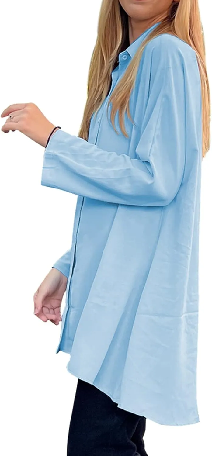 Aoysky Womens Oversized T Shirts Button Down Long Sleeve Shirt V Neck Collar Loose Flowy Blouse