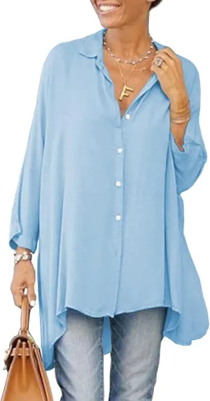 Aoysky Womens Oversized T Shirts Button Down Long Sleeve Shirt V Neck Collar Loose Flowy Blouse