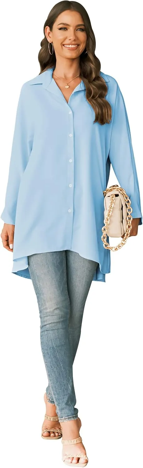 Aoysky Womens Oversized T Shirts Button Down Long Sleeve Shirt V Neck Collar Loose Flowy Blouse