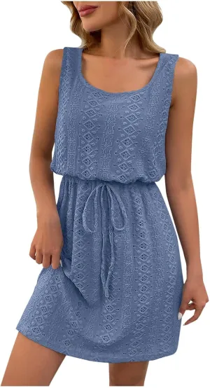 Aymnlox Beach Dresses for Women 2025 Square Neck Hollow Out Strap Long Mini Dress Drawstring Elastic Waist Casual Dresses