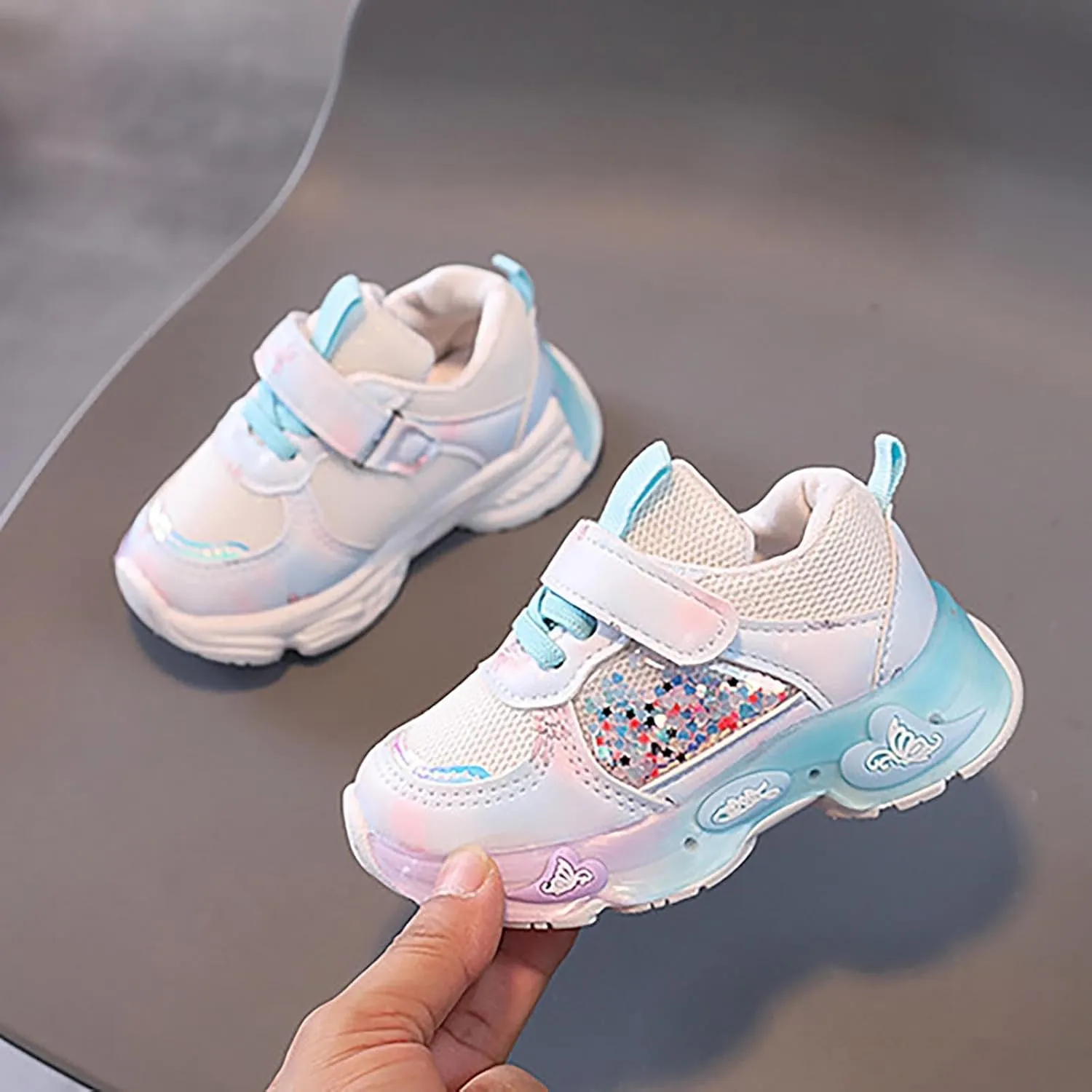 Baby Girls Mesh Lights up Sneakers Non Slip Hook Loop Breathable Princess Sport Shoes Toddler Casual Walking Shoes