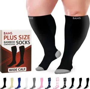 BAMS Plus Size Compression Socks Wide Calf XL XXL XXXL – Graduated Knee-High Support, Viscose from Bamboo Easy-On/Easy-Off