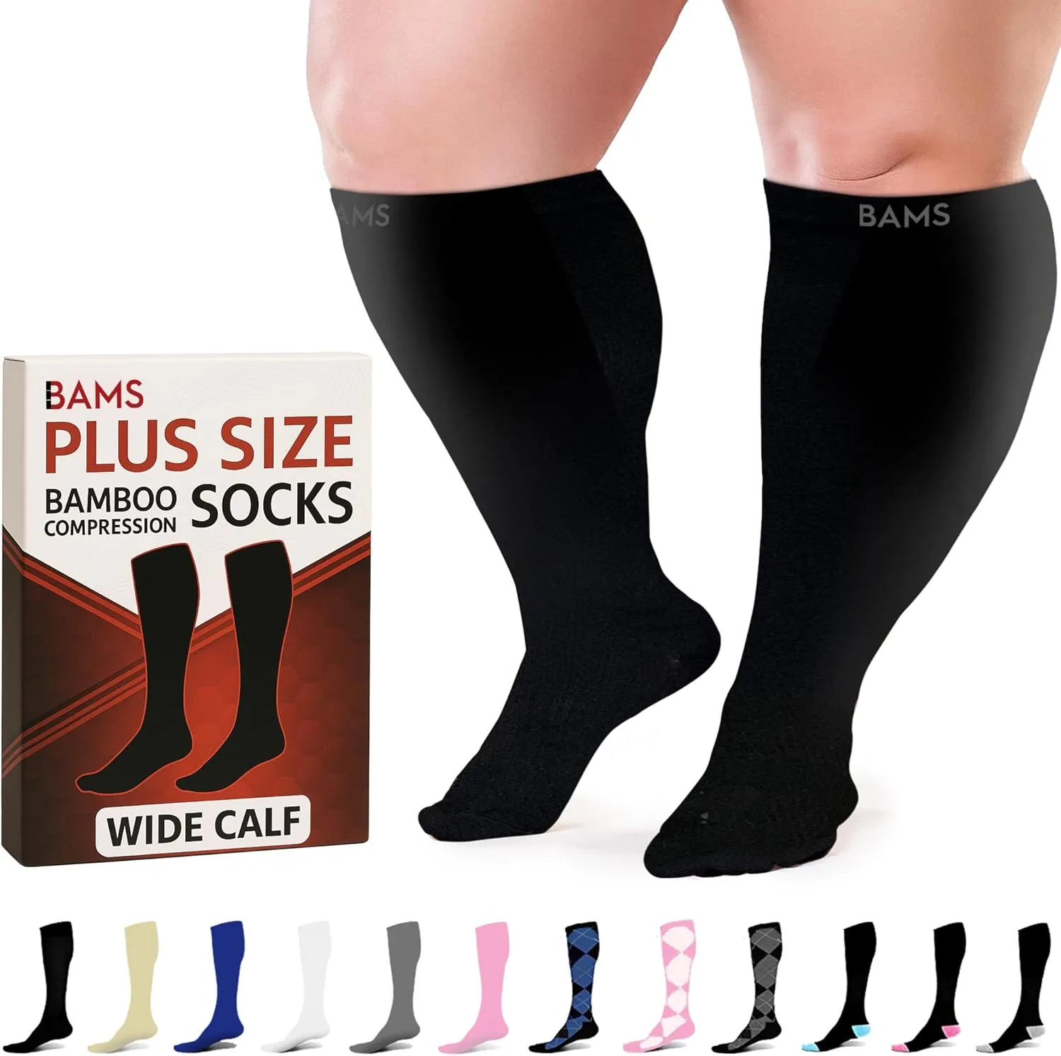 BAMS Plus Size Compression Socks Wide Calf XL XXL XXXL – Graduated Knee-High Support, Viscose from Bamboo Easy-On/Easy-Off