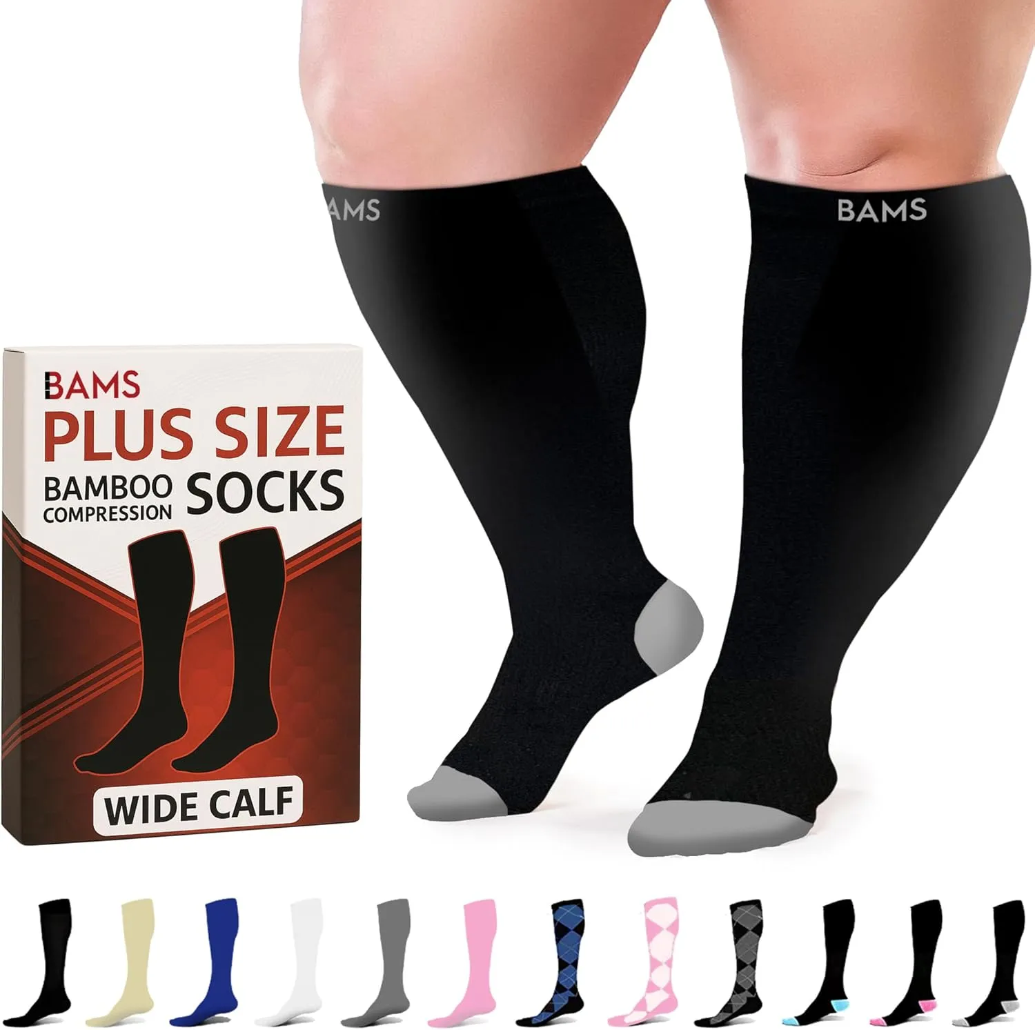 BAMS Plus Size Compression Socks Wide Calf XL XXL XXXL – Graduated Knee-High Support, Viscose from Bamboo Easy-On/Easy-Off