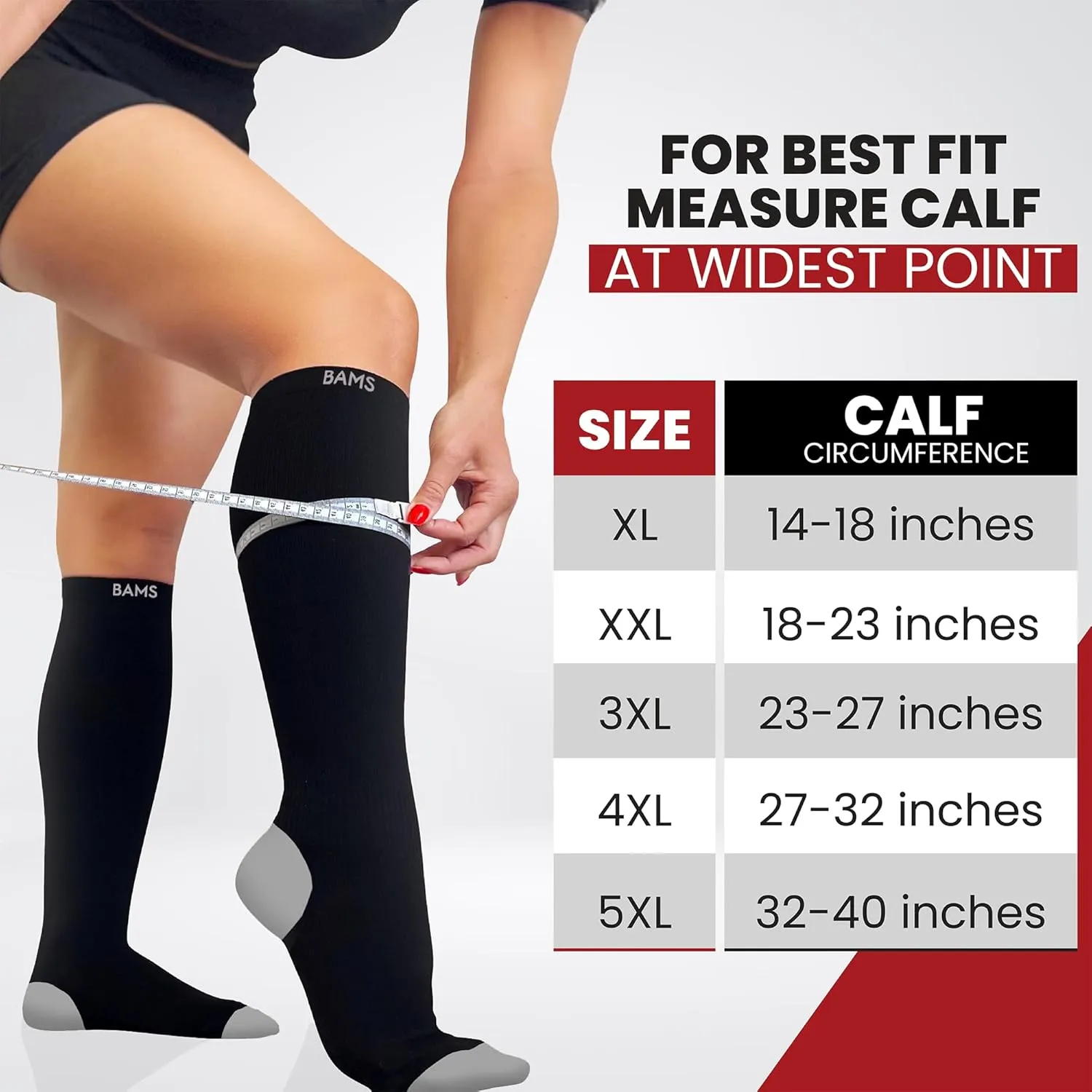 BAMS Plus Size Compression Socks Wide Calf XL XXL XXXL – Graduated Knee-High Support, Viscose from Bamboo Easy-On/Easy-Off