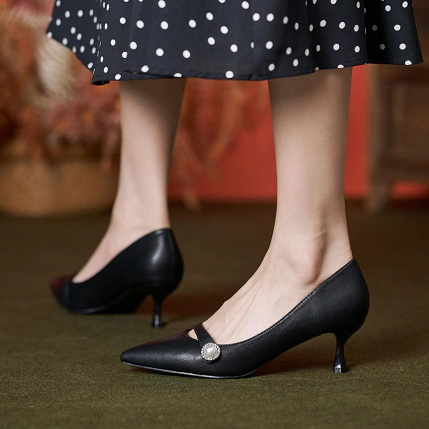 bbruriy Womens Comfortable Mid Heels Pointed Closed Toe Slip On Kitten Heel Pumps with Pearl Strap Decoration for Ladies Work Office Dress Shoes