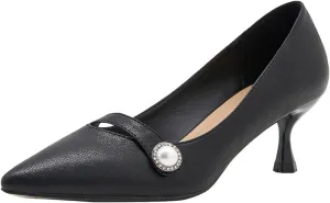 bbruriy Womens Comfortable Mid Heels Pointed Closed Toe Slip On Kitten Heel Pumps with Pearl Strap Decoration for Ladies Work Office Dress Shoes