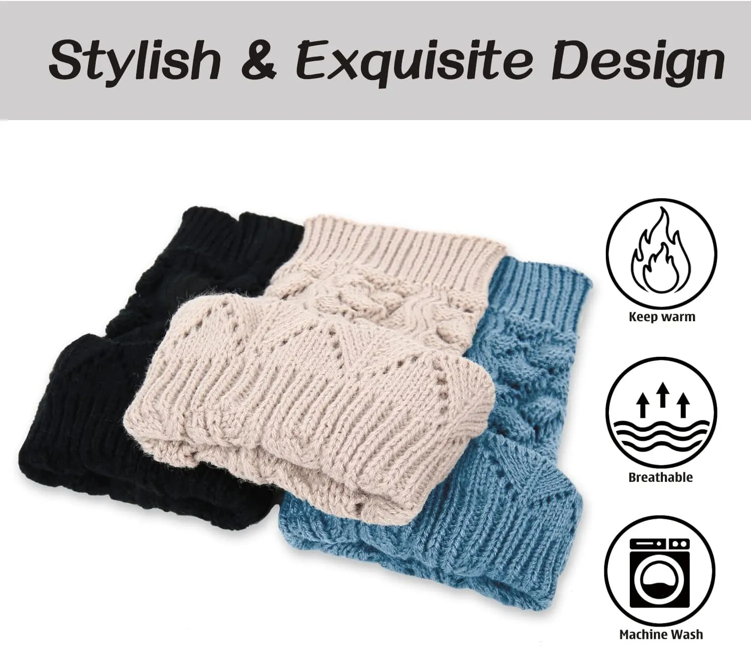 Benefeet Sox 3 Pairs Womens Girls Boot Cuffs Cable Knit Crochet Leg Warmers Socks Winter Warm Short Boot Toppers Socks