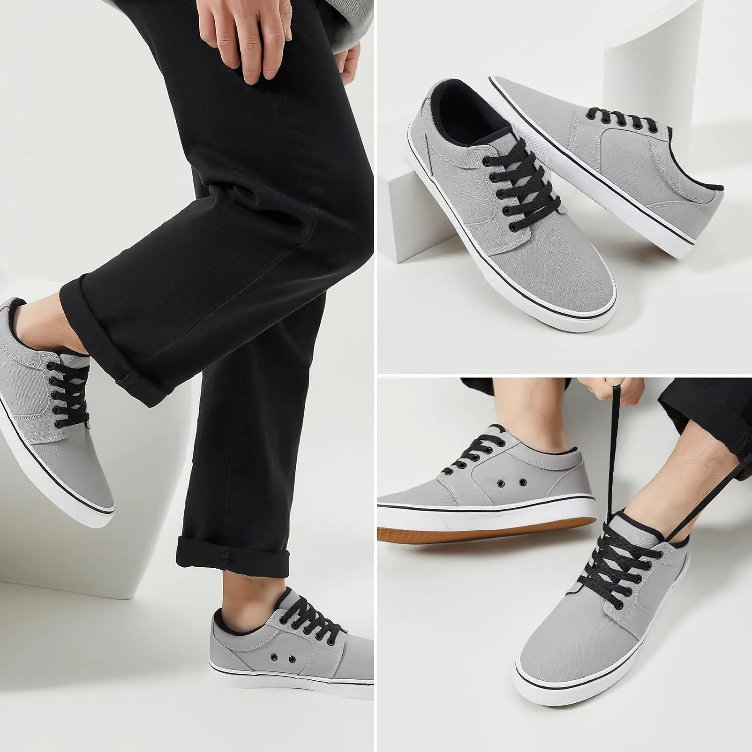 BENPAO Mens White Casual Shoes All Black Fashion Sneakers for Men Low Top Lace Up Canvas Shoes