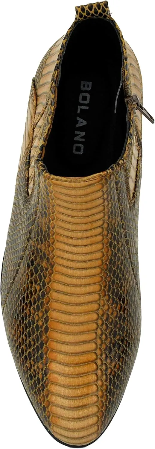 Bolano Adder Mens Dress Boots - Realistic Snake Print, Easy Zipper Slip On Ankle Boots
