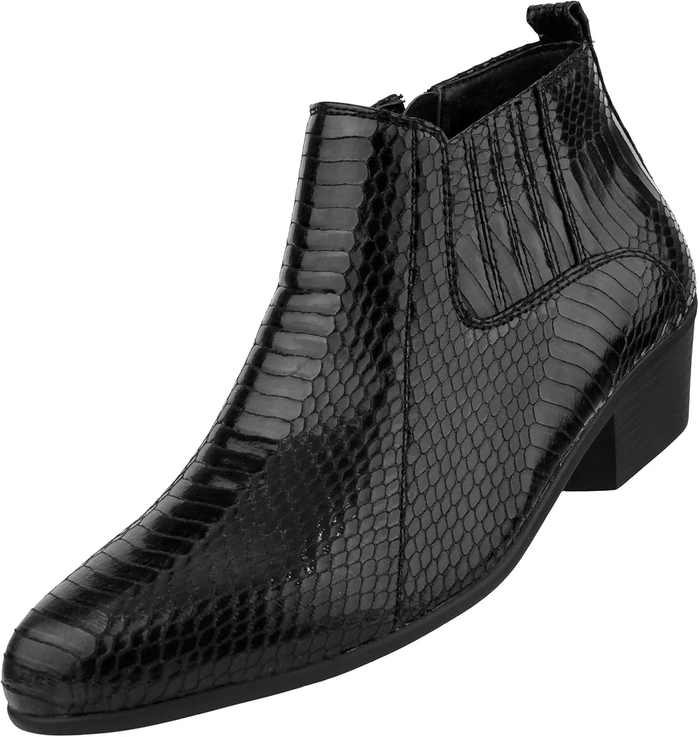Bolano Adder Mens Dress Boots - Realistic Snake Print, Easy Zipper Slip On Ankle Boots