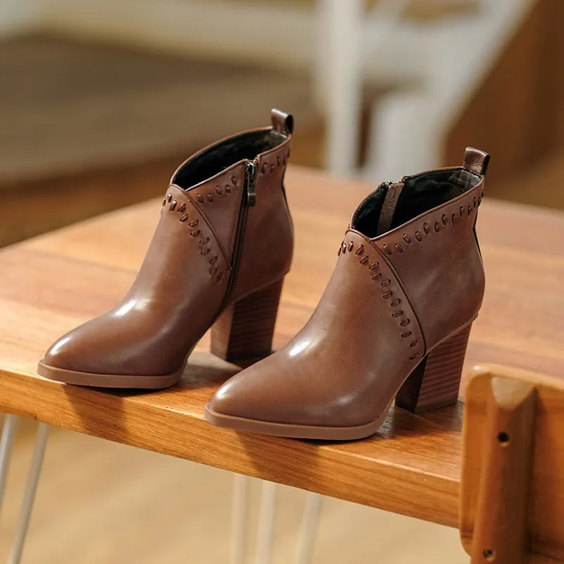 brown genuine leather 7cm high heel zipper pointed toe ankle boots