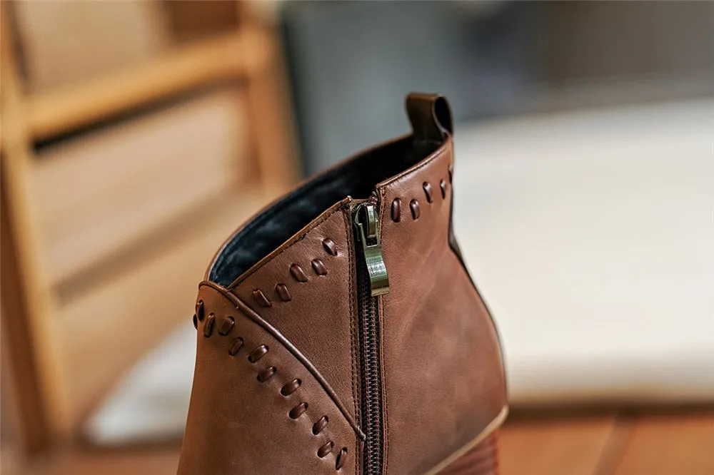 brown genuine leather 7cm high heel zipper pointed toe ankle boots