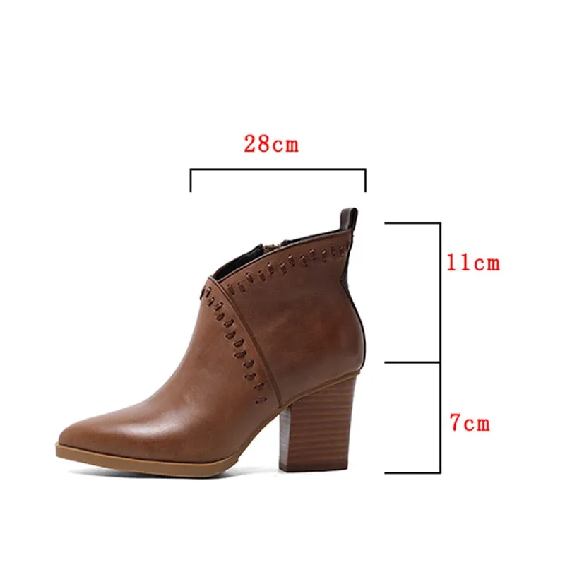brown genuine leather 7cm high heel zipper pointed toe ankle boots