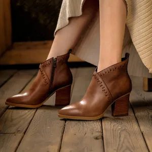 brown genuine leather 7cm high heel zipper pointed toe ankle boots