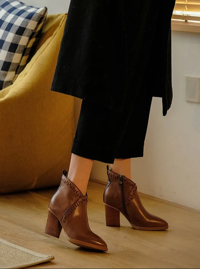 brown genuine leather 7cm high heel zipper pointed toe ankle boots
