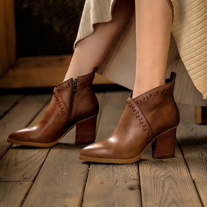 brown genuine leather 7cm high heel zipper pointed toe ankle boots