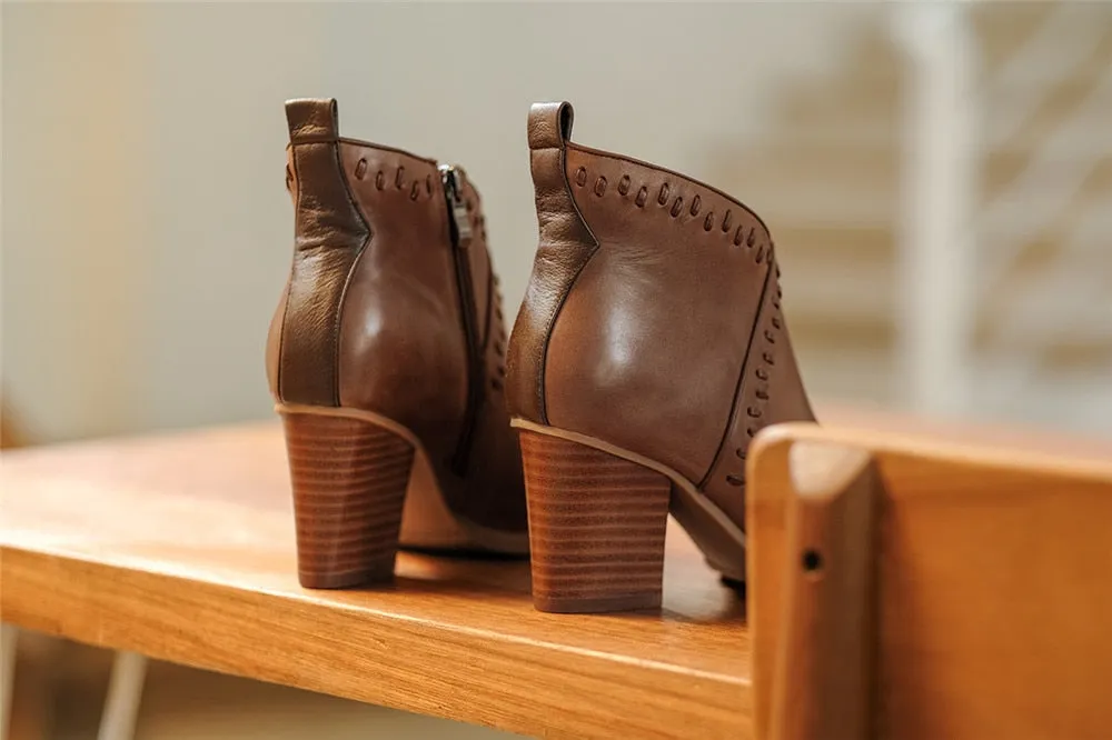 brown genuine leather 7cm high heel zipper pointed toe ankle boots