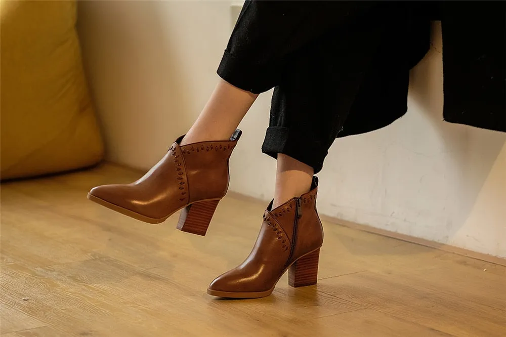 brown genuine leather 7cm high heel zipper pointed toe ankle boots