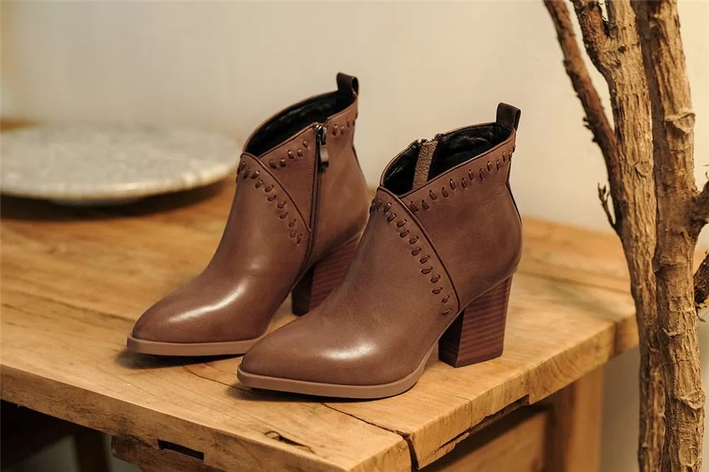 brown genuine leather 7cm high heel zipper pointed toe ankle boots