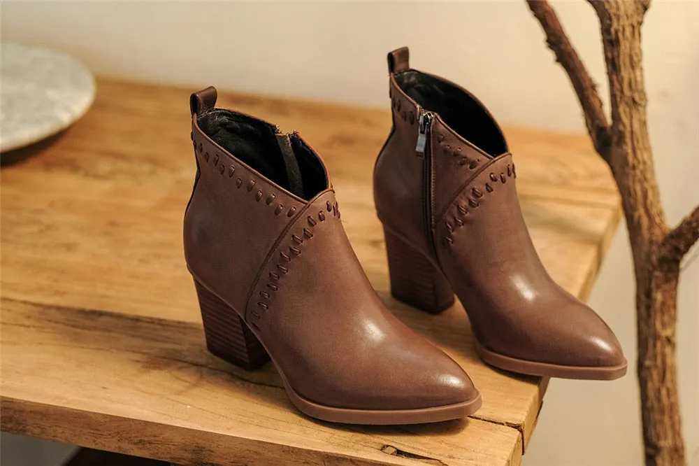brown genuine leather 7cm high heel zipper pointed toe ankle boots