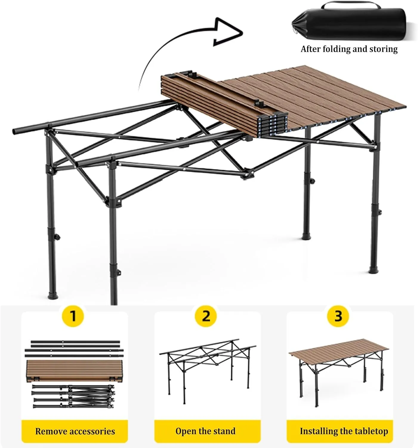 Camping Table Carbon Steel Aluminum Alloy Folding Picnic Table with Easy Carry Bag Lightweight Roll Table for Outdoor Cooking, Beach