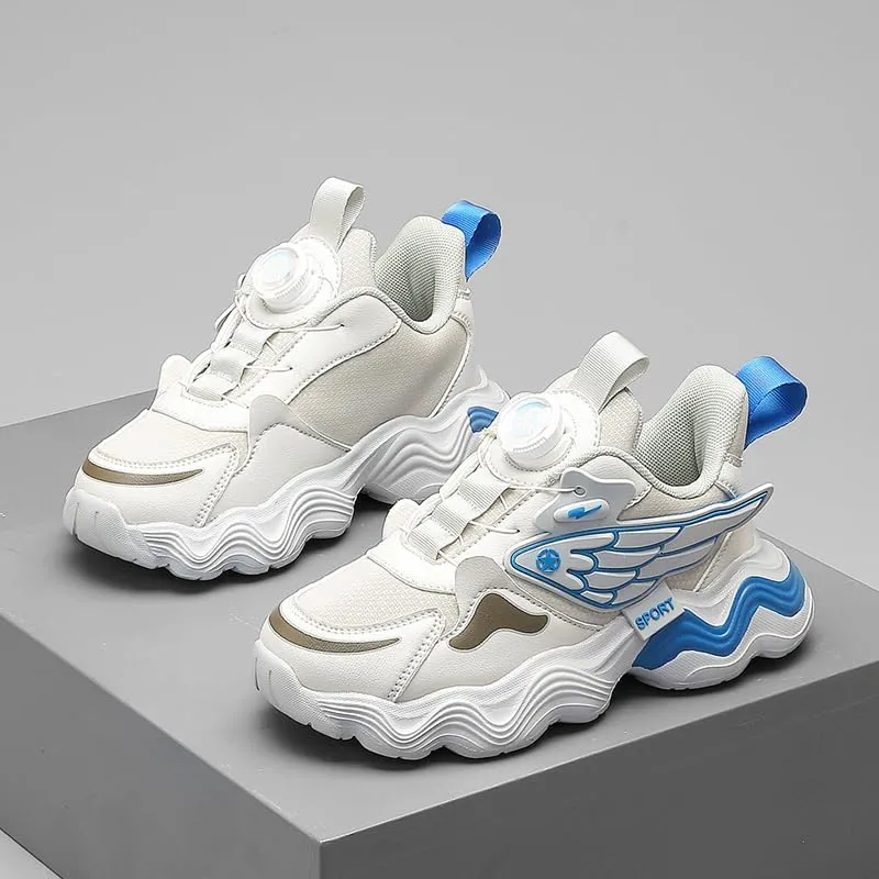 Captain Loon Kids Athletic Wing Design Sneakers, Chunky Wave Sole, Dial Closure, White/Blue